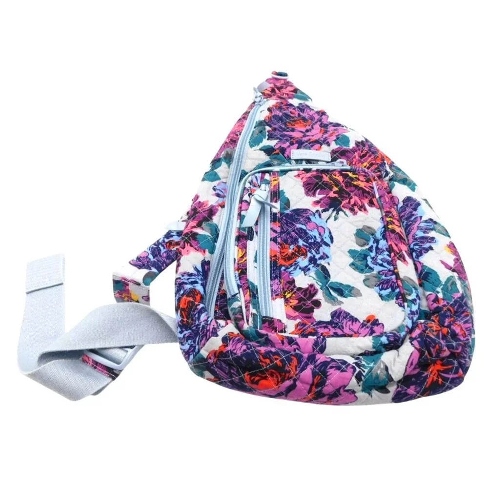 Vera Bradley Neon Blossom Blooms Sling Backpack Floral Purple Flowers Bag